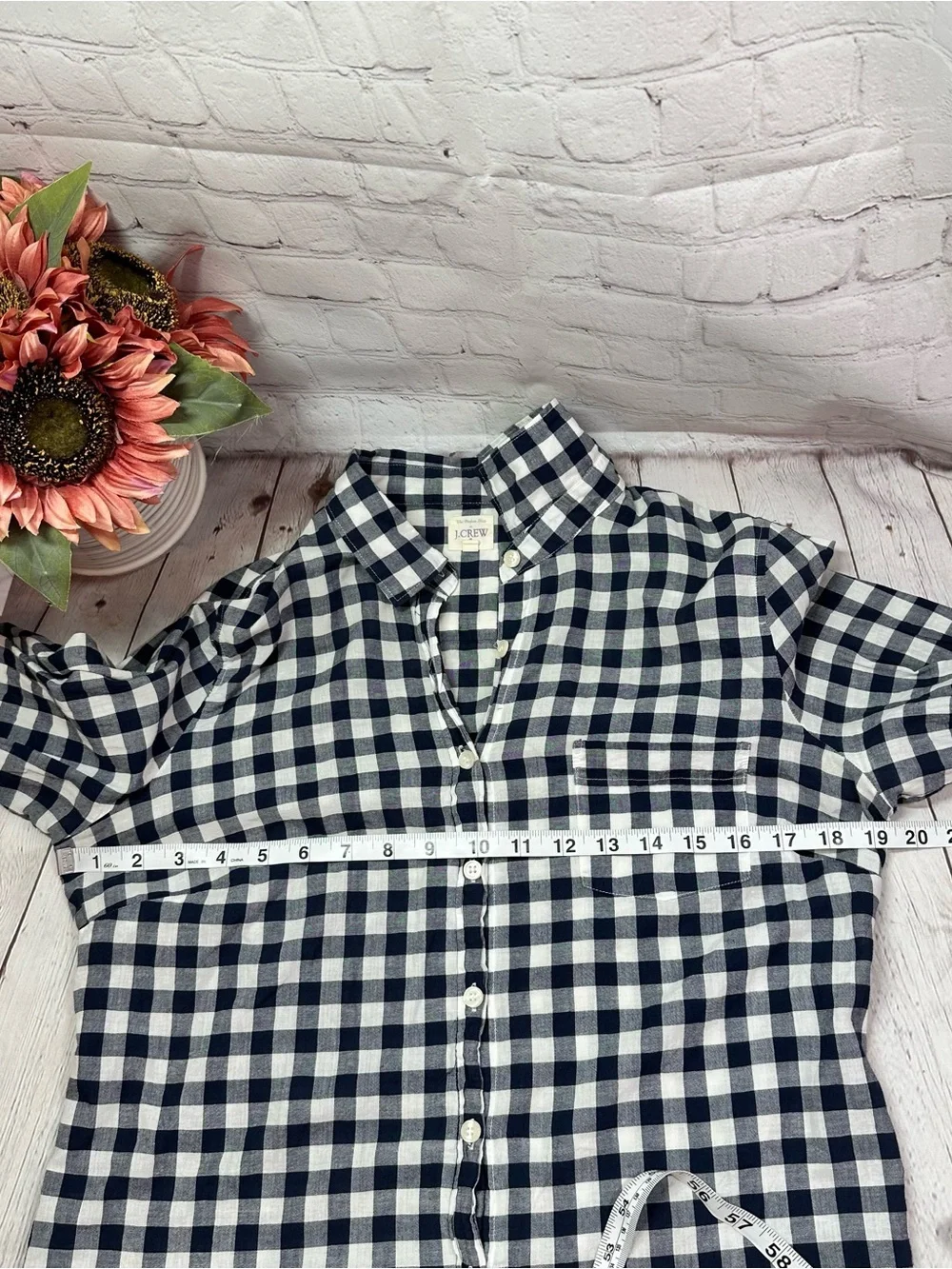 J. Crew perfect shirt Navy Gingham check plaid button up top women M layer prep